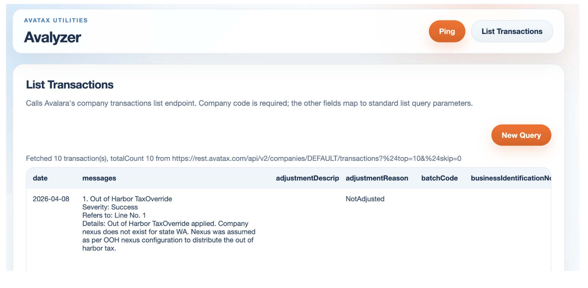 Avalyzer app built with Codex — showing the List Transactions interface