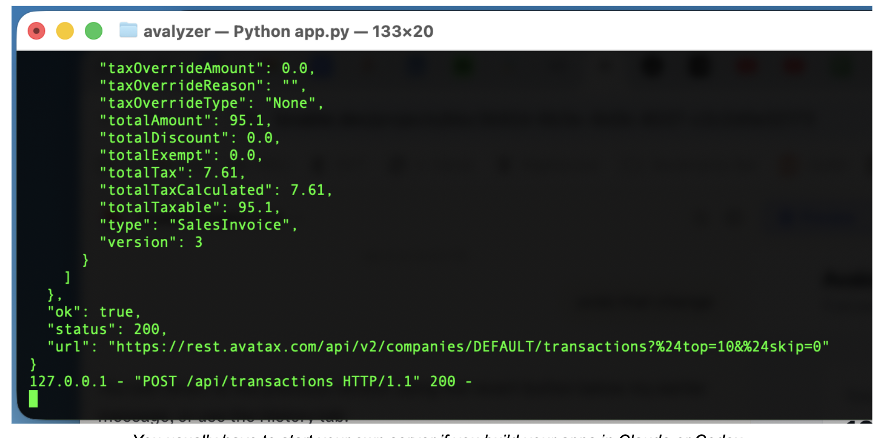 Terminal window showing Python app running locally on localhost