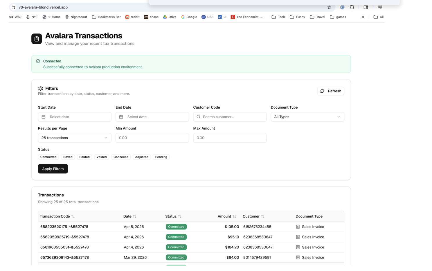Avalara Transactions app built with V0 — showing filters and transaction list